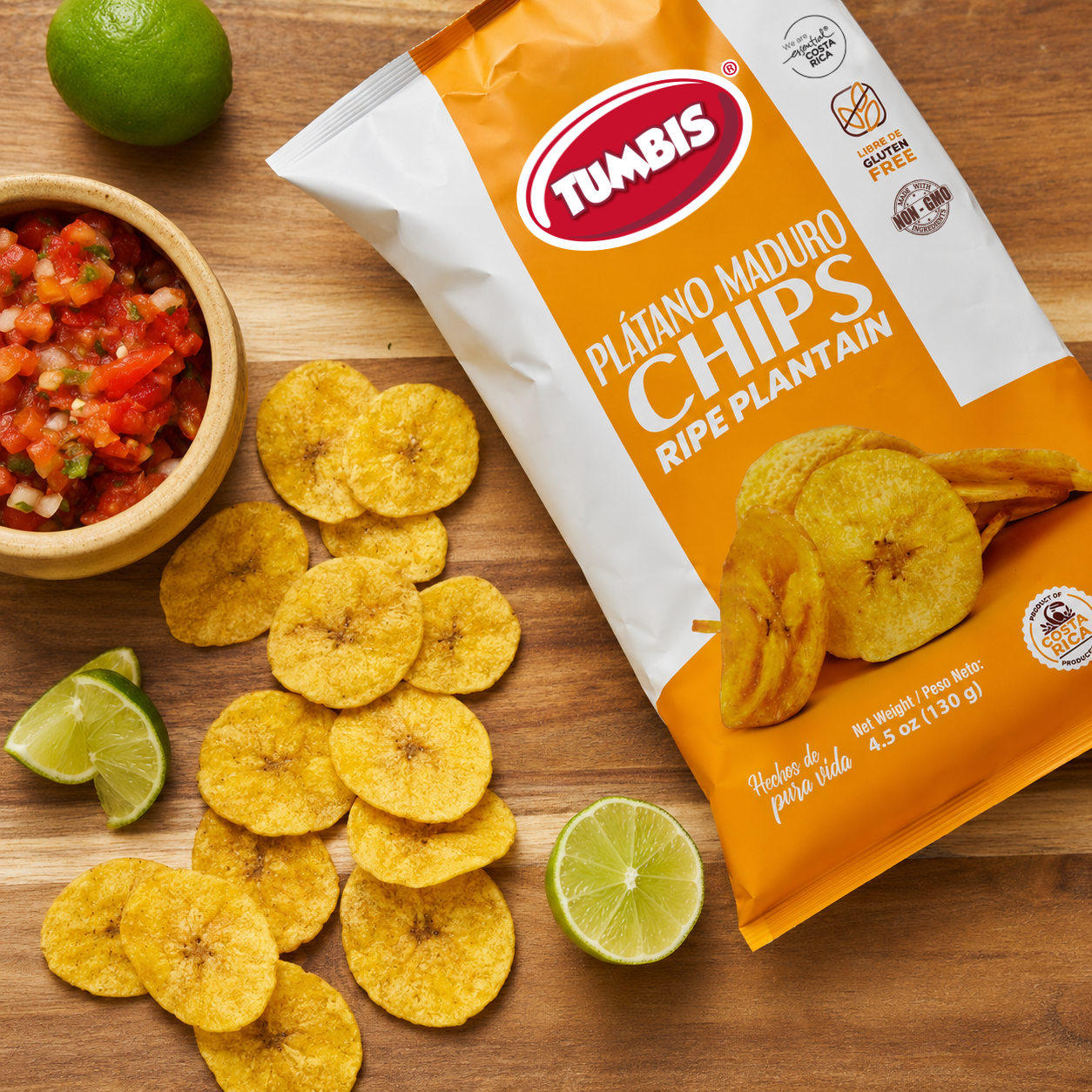 Tumbis Plátano Maduro Chips con salsa fresca