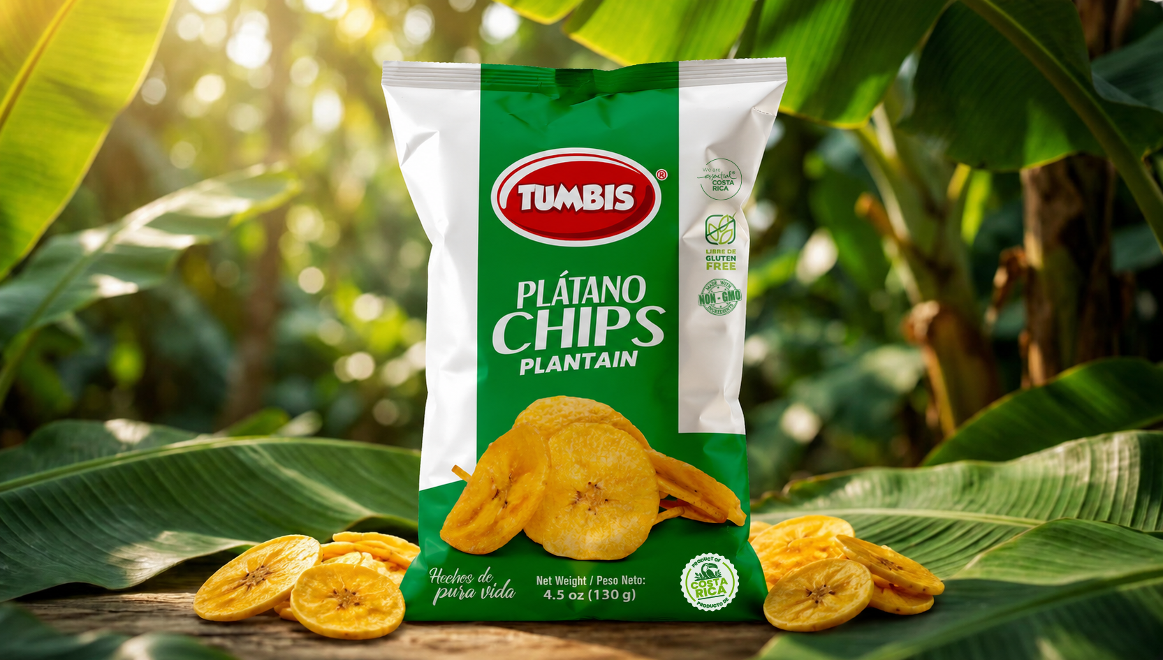 Tumbis Plátano Chips en escenario tropical