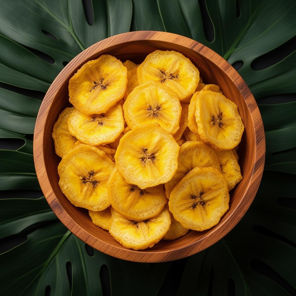 Chips de plátano en un bowl de madera sobre hojas tropicales